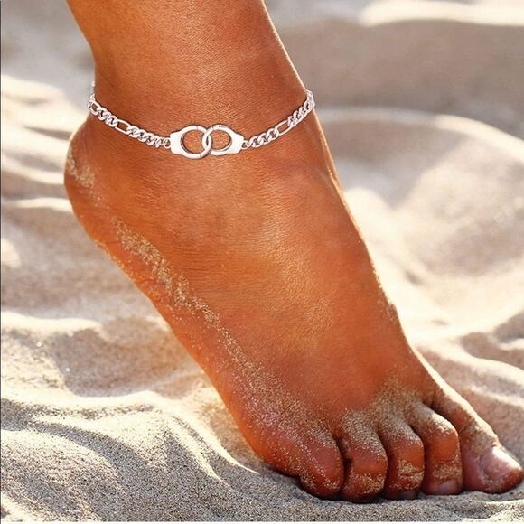 Silver Handcuff Anklet Figaro Chain Handcuff Ankle Bracelet - Picture 5 of 6